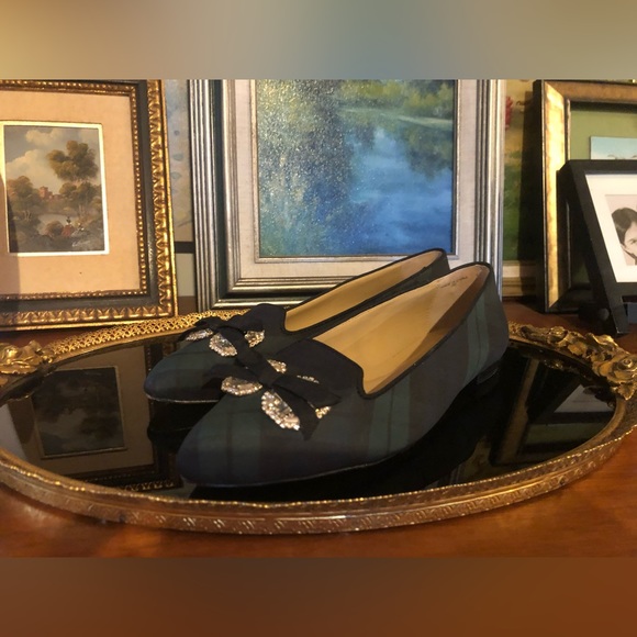 🎁 2 FOR $60 Talbots Blue & Green Plaid Pointed Toe Flats Rhinestone Bow - Picture 2 of 13